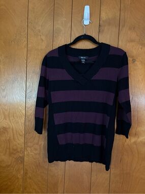 Style & Co. Black and Plum Striped V-Neck Sweater